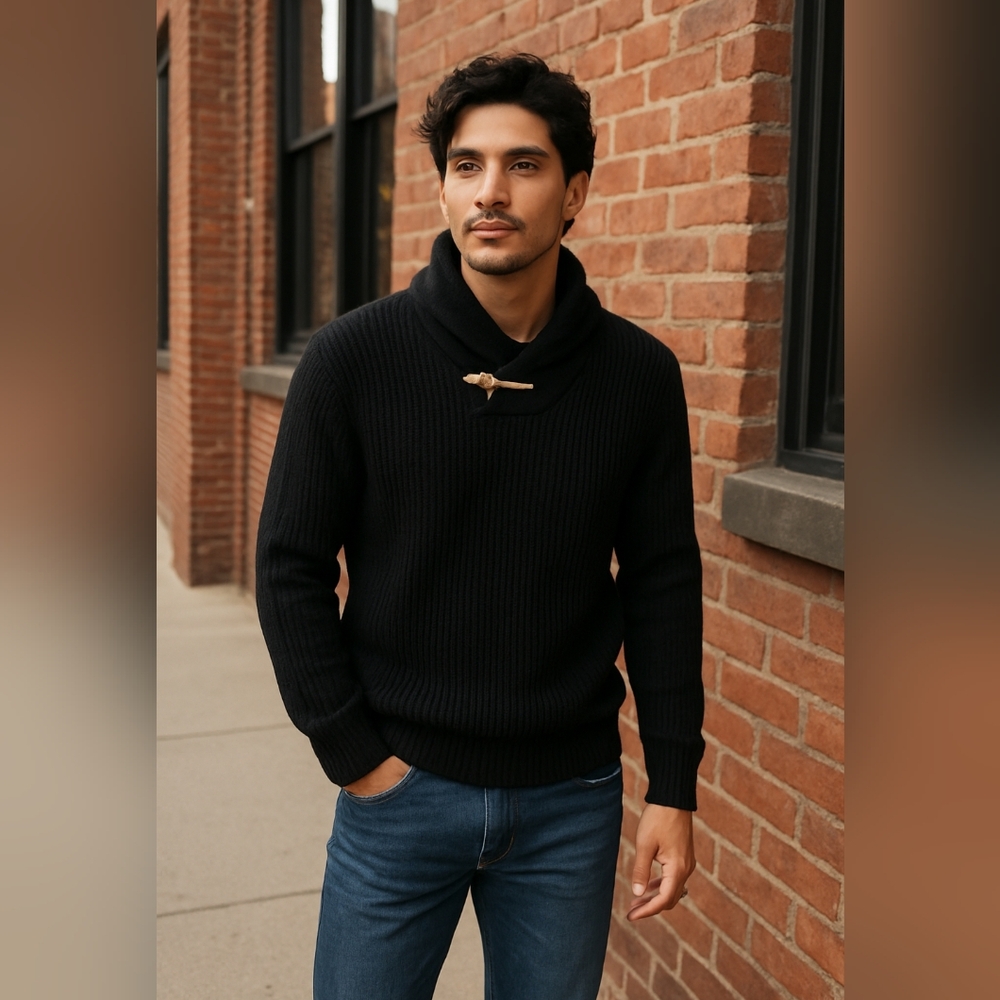 H&M MEN'S Black Turtleneck Sweater with Wooden Toggle Size L